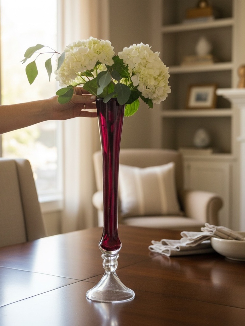 Tall Elegant Red & Clear Glass Vase For Home Decor Or Floral Arrangements